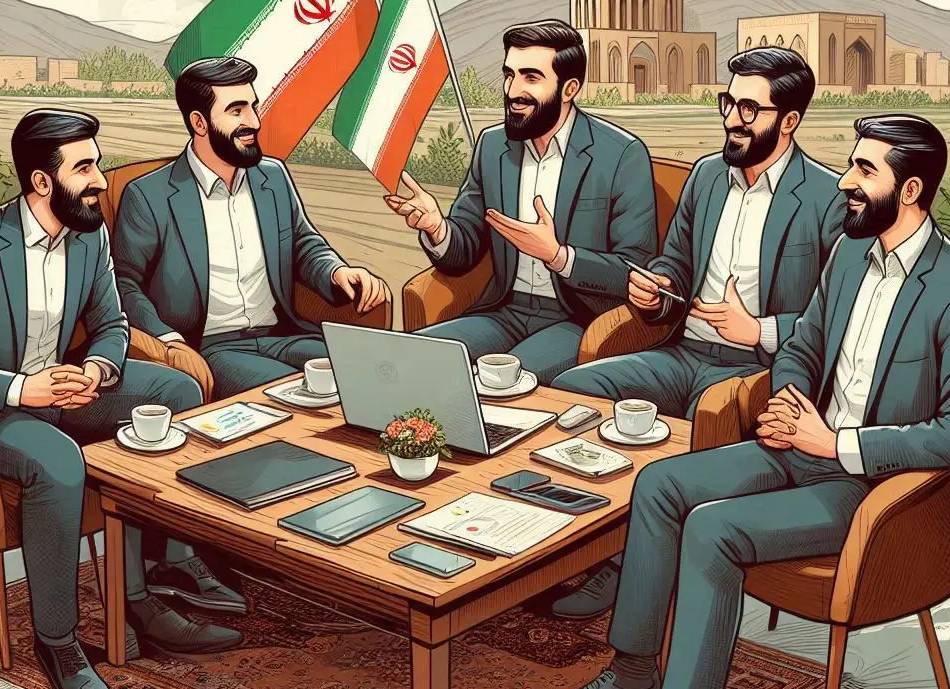 تصویر نقاشی چند مرد ایرانی در جلسه راه اندازی صندوق قرض الحسنه